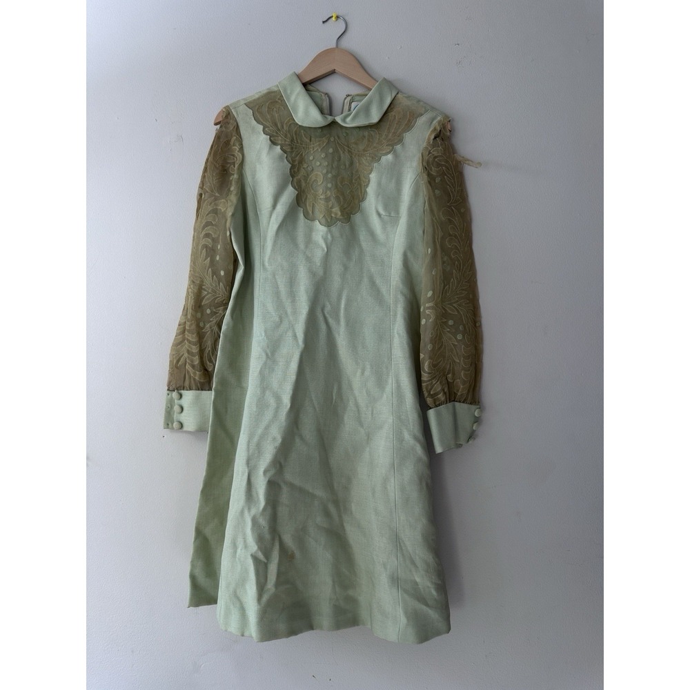 Vintage 60s Cole of Columbus Peter Pan Collar Dress Mint Sage Lace Yoke Rare M